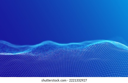 Ola de partículas azules. Resumen del fondo de flujo de tecnología. Patrón de malla sonora o paisaje de rejilla. La estructura de datos digitales consiste en elementos de punto. Ilustración vectorial futura.