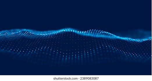 Wave of blue particles. Abstract technology flow background. Sound mesh pattern or grid landscape. Digital data structure consist dot elements. Future vector illustration.