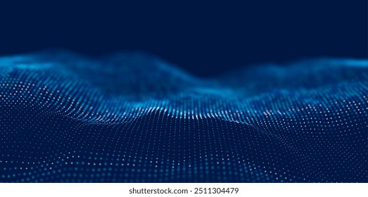 Wave of blue particles. Abstract technology flow background. Sound mesh pattern or grid landscape. Digital data structure consist dot elements. Future vector illustration.