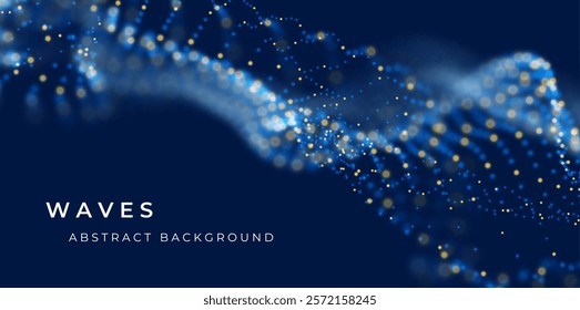 Wave of blue particles. Abstract technology flow background. Sound mesh pattern or grid landscape. Digital data structure consist dot elements. Future vector illustration.
