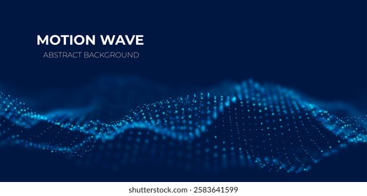 Wave of blue particles. Abstract technology flow background. Sound mesh pattern or grid landscape. Digital data structure consist dot elements. Future vector illustration.