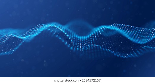 Wave of blue particles. Abstract technology flow background. Sound mesh pattern or grid landscape. Digital data structure consist dot elements. Future vector illustration.