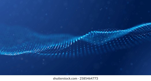 Wave of blue particles. Abstract technology flow background. Sound mesh pattern or grid landscape. Digital data structure consist dot elements. Future vector illustration.