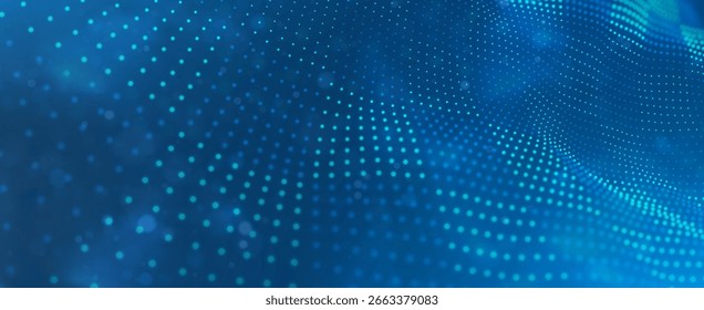 Onda de partículas azuis. Resumo do fluxo de tecnologia. Padrão de malha de som ou paisagem de grade. Estrutura de dados digitais consiste em elementos de ponto. Ilustração futura do vetor.