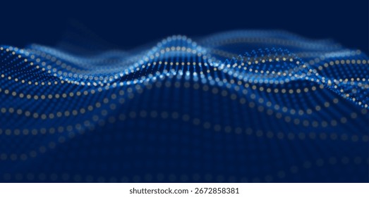 Ola de partículas azules. Fondo de flujo de tecnología Abstractas. Patrón de malla de sonido o paisaje de rejilla. La estructura de datos digital consiste en Elementos de puntos. Futura Ilustración vectorial.