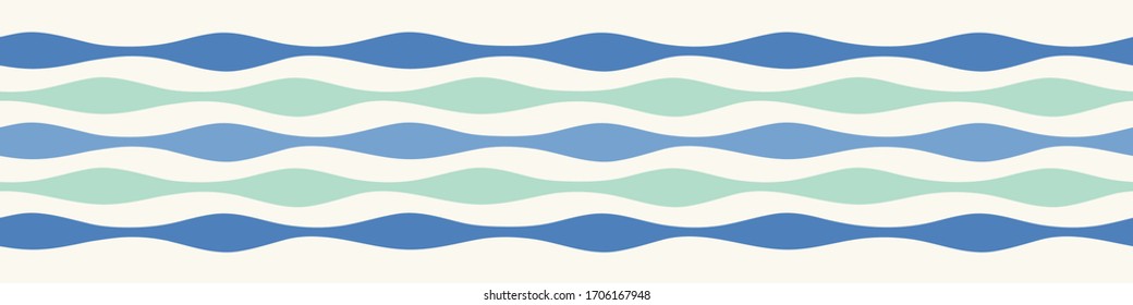 Wave border pattern. Vector seamless repeat water stripe design banner in blue and green.