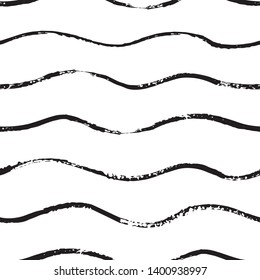 Wave Brush hand draw seamless pattern. Abstract lines background with wavy brush strokes. Black and white endless texture. Design for t-shirt, fabric, and paper print