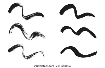 Wave Brush Stroke, Grunge Paint. Black Brushstroke in Abstract Swirl Shape Set. Paintbrush Texture. Dirty Splash, Splotch Blot. Abstract Graphic Element. Isolated Vector Illustration.