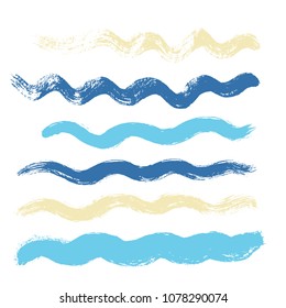 wave brush strokes vector set background. Artistic curve blue lines grunge collection. Set of grungy hand painted sea brush strokes isolated on white. wavy watercolor line collection