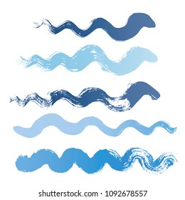 wave brush strokes vector set background. Artistic curve blue lines grunge collection. Set of grungy hand painted sea brush strokes isolated on white. wavy watercolor curls line collection