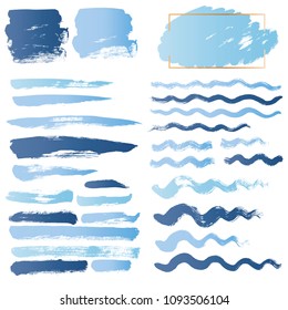wave brush strokes vector set background. Artistic curve blue lines grunge collection. Set of grungy hand painted sea brush strokes isolated on white. wavy watercolor curls line collection