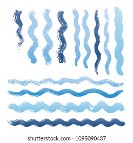 wave brush strokes vector set background. Artistic curve blue lines grunge collection. Set of grungy hand painted sea brush strokes isolated on white. wavy watercolor curls line collection