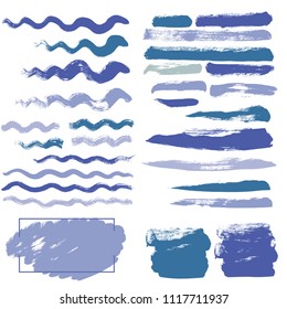 wave brush strokes vector set background. Artistic curve blue lines grunge collection. Set of grungy hand painted sea brush strokes isolated on white. wavy watercolor curls line collection