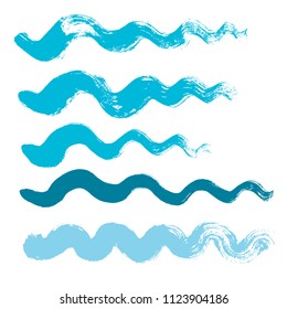 wave brush strokes vector set background. Artistic curve blue lines grunge collection. Set of grungy hand painted sea brush strokes isolated on white. wavy watercolor curls line collection