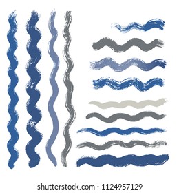 wave brush strokes vector set background. Artistic curve blue lines grunge collection. Set of grungy hand painted sea brush strokes isolated on white. wavy watercolor curls line collection