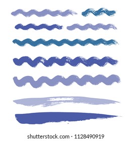 wave brush strokes vector set background. Artistic curve blue lines grunge collection. Set of grungy hand painted sea brush strokes isolated on white. wavy watercolor curls line collection