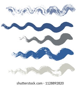wave brush strokes vector set background. Artistic curve blue lines grunge collection. Set of grungy hand painted sea brush strokes isolated on white. wavy watercolor curls line collection