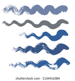 wave brush strokes vector set background. Artistic curve blue lines grunge collection. Set of grungy hand painted sea brush strokes isolated on white. wavy watercolor curls line collection