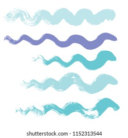 wave brush strokes vector set background. Artistic curve blue lines grunge collection. Set of grungy hand painted sea brush strokes isolated on white. wavy watercolor curls line collection