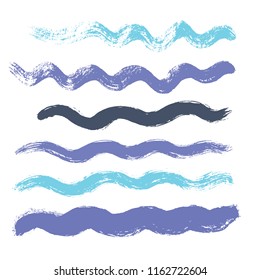 wave brush strokes vector set background. Artistic curve blue lines grunge collection. Set of grungy hand painted sea brush strokes isolated on white. wavy watercolor curls line collection