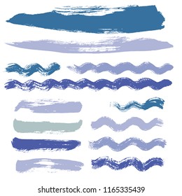 wave brush strokes vector set background. Artistic curve blue lines grunge collection. Set of grungy hand painted sea brush strokes isolated on white. wavy watercolor curls line collection