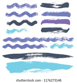 wave brush strokes vector set background. Artistic curve blue lines grunge collection. Set of grungy hand painted sea brush strokes isolated on white. wavy watercolor curls line collection