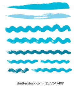 wave brush strokes vector set background. Artistic curve blue lines grunge collection. Set of grungy hand painted sea brush strokes isolated on white. wavy watercolor curls line collection