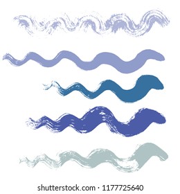 wave brush strokes vector set background. Artistic curve blue lines grunge collection. Set of grungy hand painted sea brush strokes isolated on white. wavy watercolor curls line collection