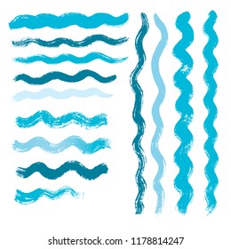wave brush strokes vector set background. Artistic curve blue lines grunge collection. Set of grungy hand painted sea brush strokes isolated on white. wavy watercolor curls line collection