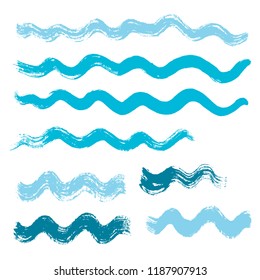 wave brush strokes vector set background. Artistic curve blue lines grunge collection. Set of grungy hand painted sea brush strokes isolated on white. wavy watercolor curls line collection