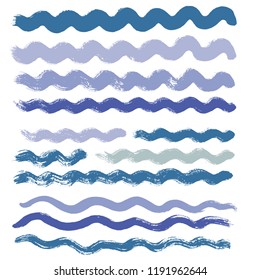 wave brush strokes vector set background. Artistic curve blue lines grunge collection. Set of grungy hand painted sea brush strokes isolated on white. wavy watercolor curls line collection