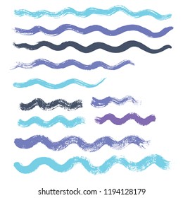 wave brush strokes vector set background. Artistic curve blue lines grunge collection. Set of grungy hand painted sea brush strokes isolated on white. wavy watercolor curls line collection