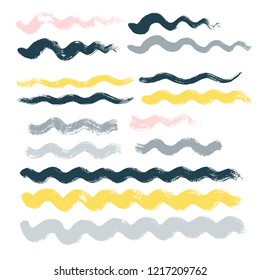 wave brush strokes vector set background. Artistic curve blue lines grunge collection. Set of grungy hand painted sea brush strokes isolated on white. wavy watercolor line collection
