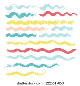 wave brush strokes vector set background. Artistic curve blue lines grunge collection. Set of grungy hand painted sea brush strokes isolated on white. wavy watercolor line collection