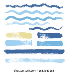 wave brush strokes vector set background. curve blue water lines grunge collection. Set of grungy hand painted sea brush strokes isolated on white. wavy watercolor line collection