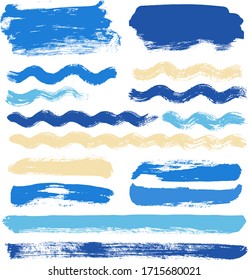 wave brush strokes vector set background. curve blue water lines grunge collection. Set of grungy hand painted sea brush strokes isolated on white. wavy watercolor line collection