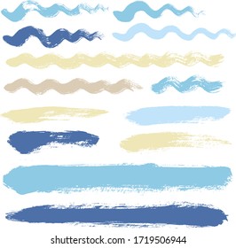 wave brush strokes vector set background. curve blue water lines grunge collection. Set of grungy hand painted sea brush strokes isolated on white. wavy watercolor line collection