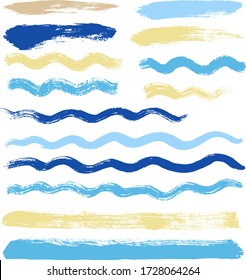 wave brush strokes vector set background. curve blue water lines grunge collection. Set of grungy hand painted sea brush strokes isolated on white. wavy watercolor line collection
