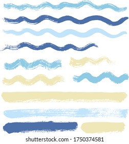 wave brush strokes vector set background. curve blue water lines grunge collection. Set of grungy hand painted sea brush strokes isolated on white. wavy watercolor line collection