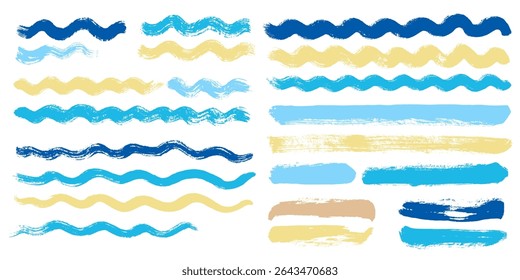 Wave brush strokes vector set background. Curve blue watercolor lines. Set of hand painted sea brush strokes isolated on white. wavy line collection