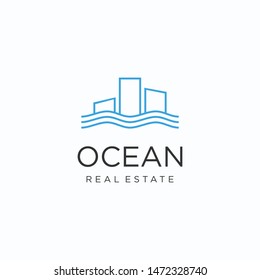 Wave with building, line art style logo design.