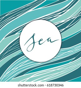 Wave with calligraphy Sea blue in circle