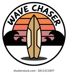 Wave Chaser Retro Surf Badge with Surfboard and Sunset—Ideal for Surf Apparel and Sticker Designs