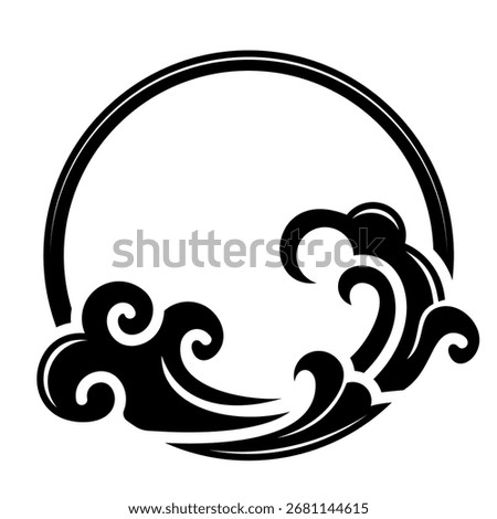 Wave circle frame vector illustration, black and white Japanese ocean wave ornament, abstract water swirl decorative design element isolated on white background EPS
