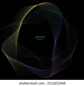 Wave circle line and curve pattern flowing in blue green color isolated on black background. Vector graphic in concept of music, technology.
