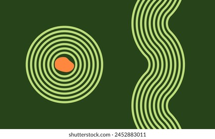 wave and circles, river and pond abstract, meditation zen garden top view or life balance vector illustration