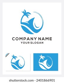 logotipo del árbol de olas y de coco, vektor del árbol de olas y de coco