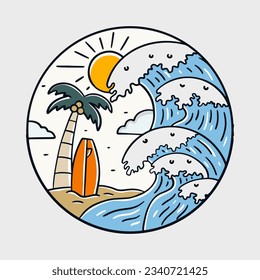 La onda, el árbol de coco y la tabla de surf en verano, diseño vectorial para la ilustración de camisetas, insignias y vectores de pegatinas