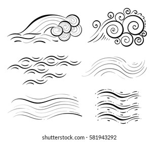 Wave collection Ocean or sea waves, surf and splashes set curling Water Design Elements vector illustration isolated on white