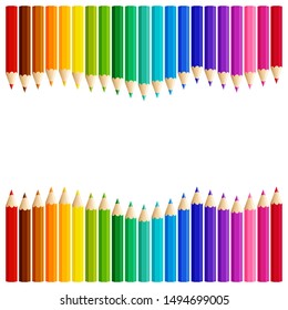 Wave of colored pencils top and bottom of a white background, vector illustration